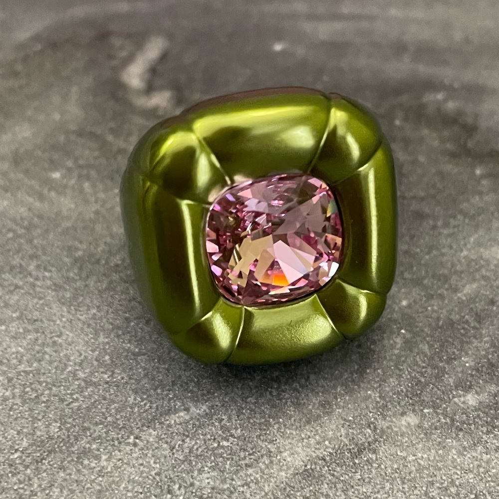 Swarovski Olive Green Ring with Pink Crystal Center